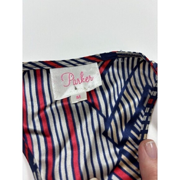 Parker Wrap Dress Blue Red Print Medium Silk Racer Back Knee Length Sleeveless - Picture 3 of 9